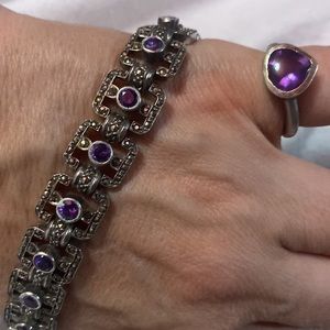Sterling Marcasite amethyst bracelet/safety chain &925 ring